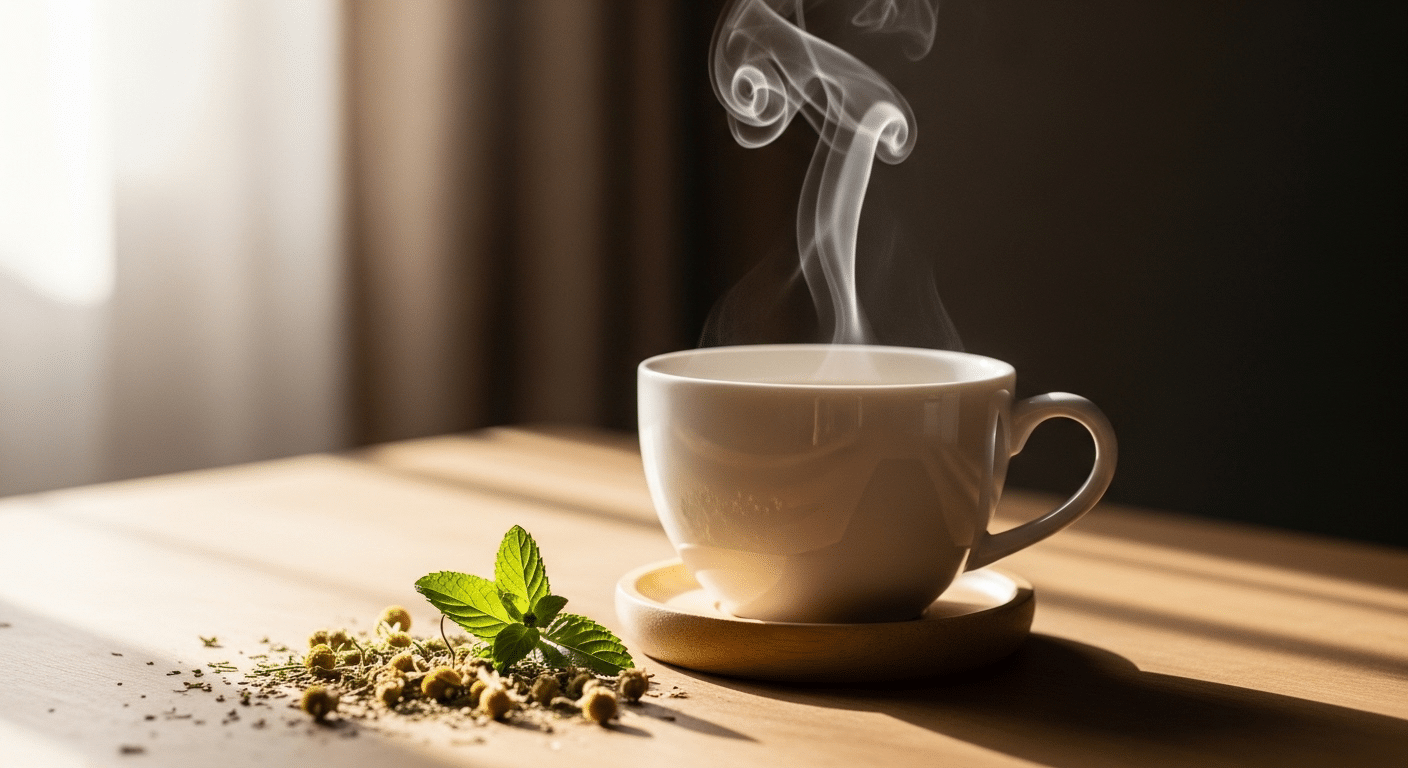 A steaming white mug of herbal tea sits on a wooden saucer next to fresh mint leaves and dried chamomile flowers, illuminated by a beam of sunlight.