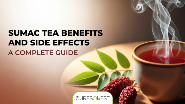 Steaming mug of sumac tea next to fresh sumac berries and leaves on a wooden table. The image title is 'Sumac Tea Benefits And Side Effects A Complete Guide'.