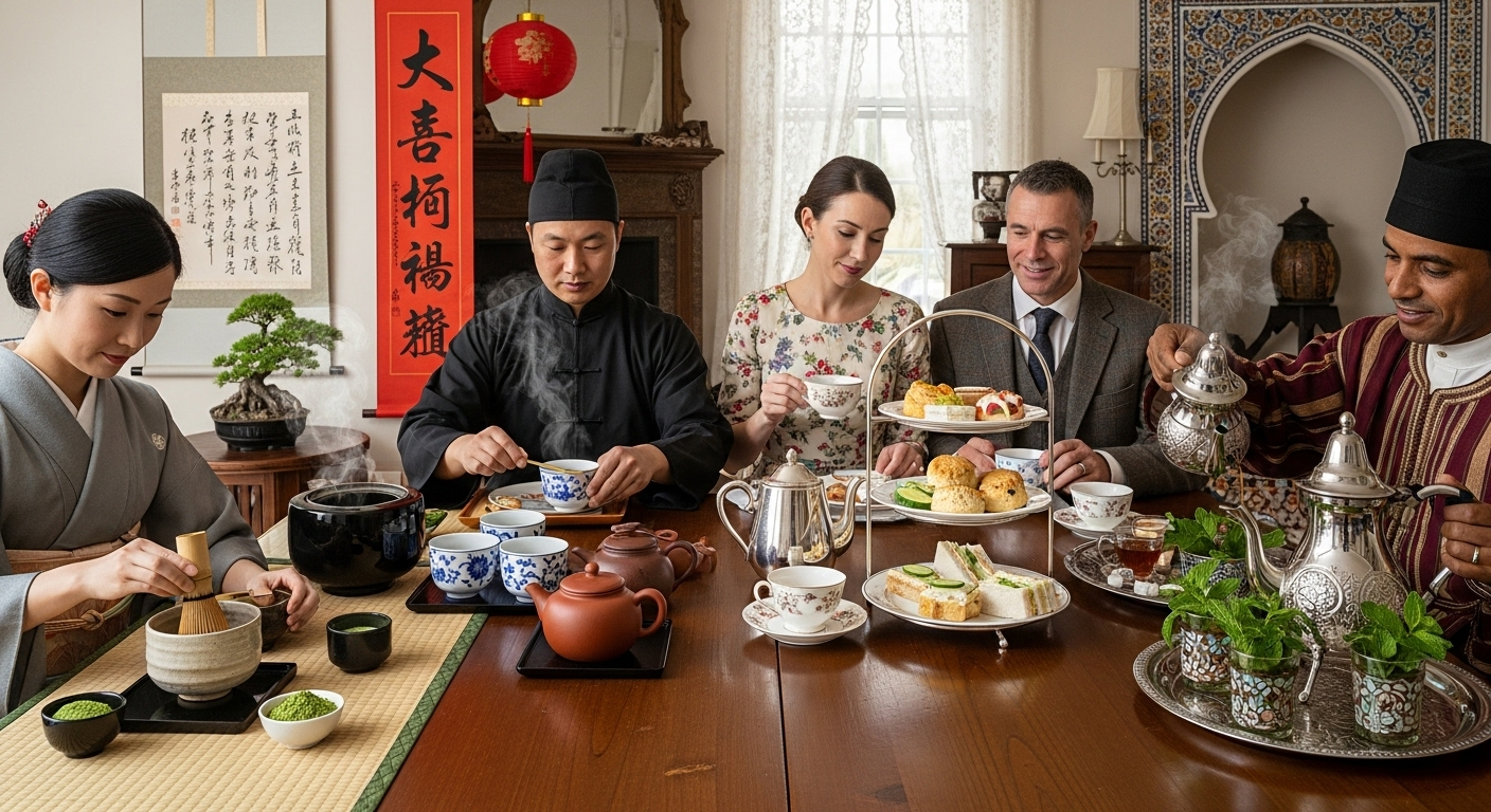 A group of five people from different cultures are gathered around a wooden table, enjoying various tea traditions. From left to right: a person in a Japanese kimono is performing a matcha tea ceremony, whisking green tea in a bowl. Next, a person in a black Chinese outfit is seated with a Yixing teapot set, pouring tea into a small cup. In the center, a couple dressed in Western attire are enjoying a classic afternoon tea with a three-tiered stand of scones, sandwiches, and pastries. On the far right, a person in Moroccan attire is pouring mint tea from an ornate silver teapot into a glass. The background features decorative elements from different cultures, including a Japanese bonsai tree, Chinese lanterns, and a Moroccan-style archway.