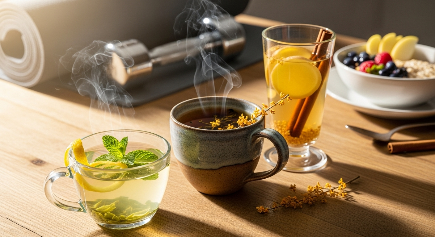 A trio of health-conscious beverages on a wooden table, featuring a steaming mug of dark tea, a glass of clear tea with lemon and mint, and a tall glass of iced tea with cinnamon sticks and lemon slices. In the background, a yoga mat, a dumbbell, and a bowl of oatmeal with fruit suggest a focus on wellness.