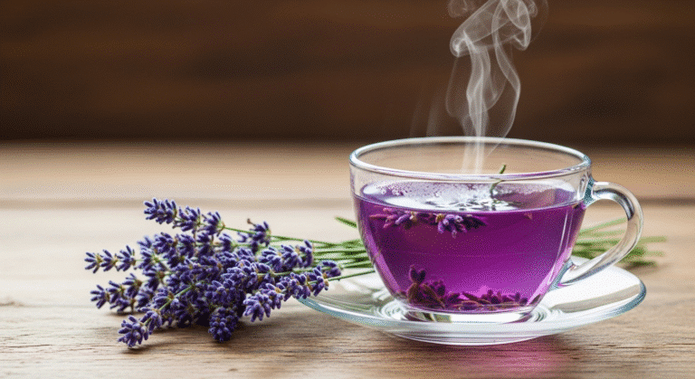 Steaming cup of lavender tea with fresh sprigs