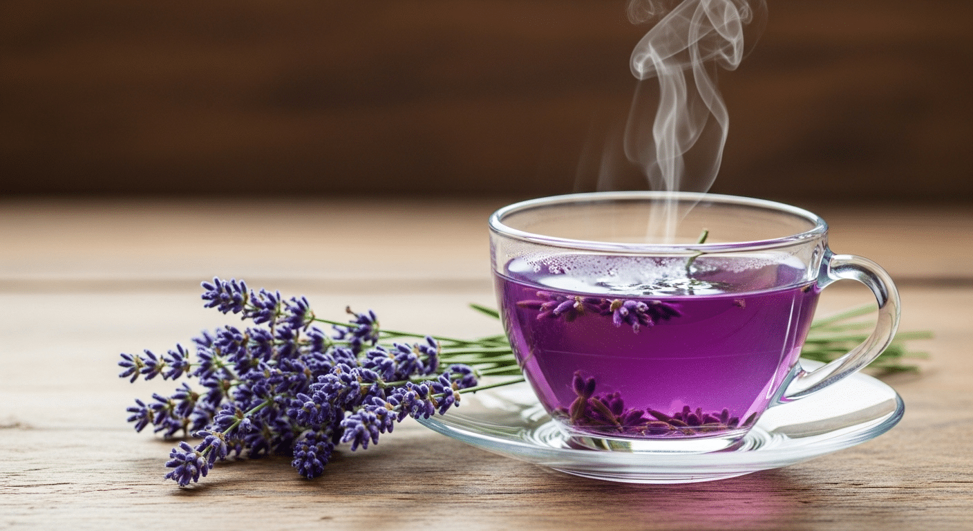 Steaming cup of lavender tea with fresh sprigs