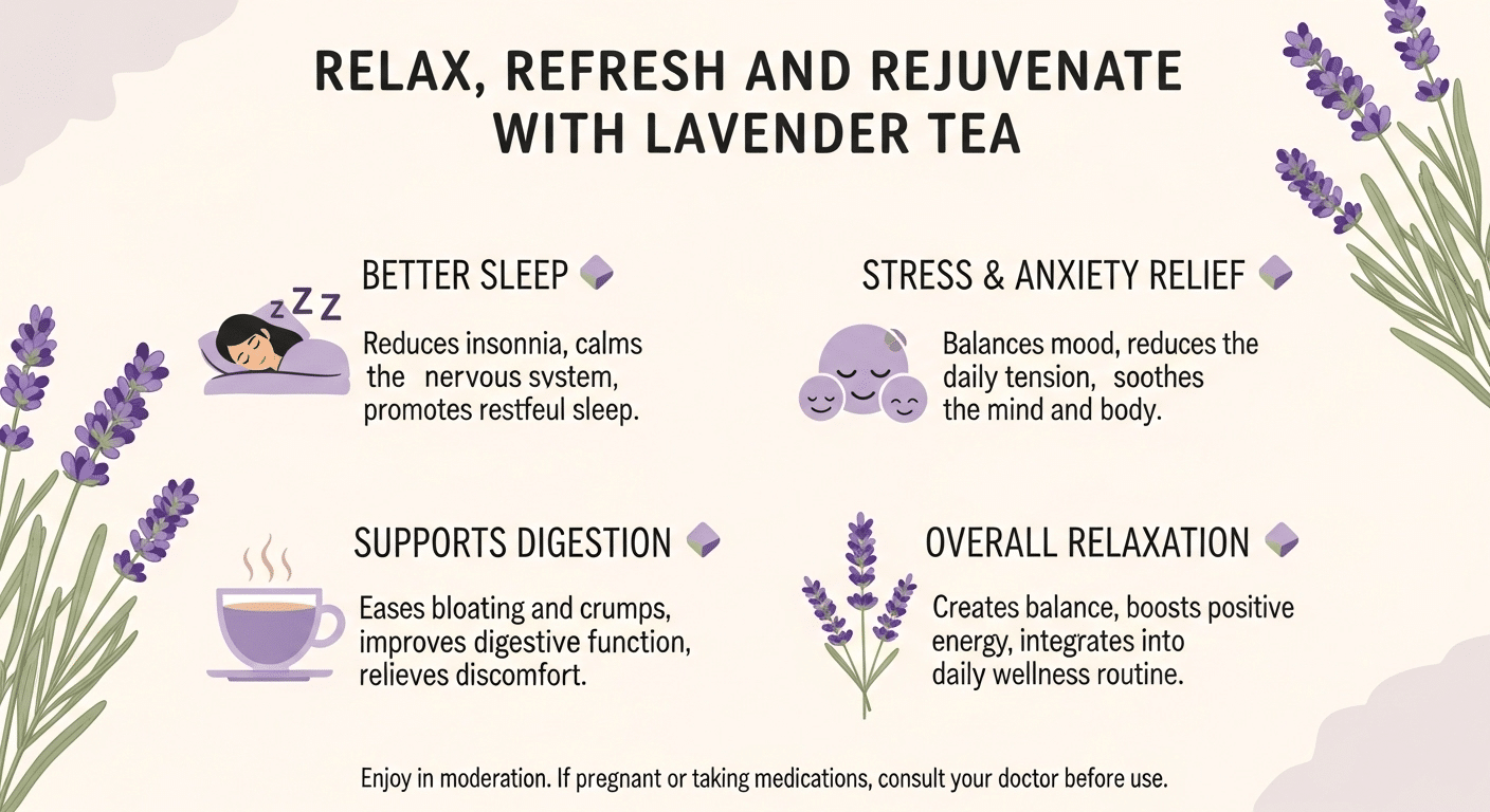 A white and purple infographic listing the benefits of lavender tea, with icons for better sleep, stress and anxiety relief, digestion support, and overall relaxation. Lavender sprigs are on the left and right sides of the graphic.