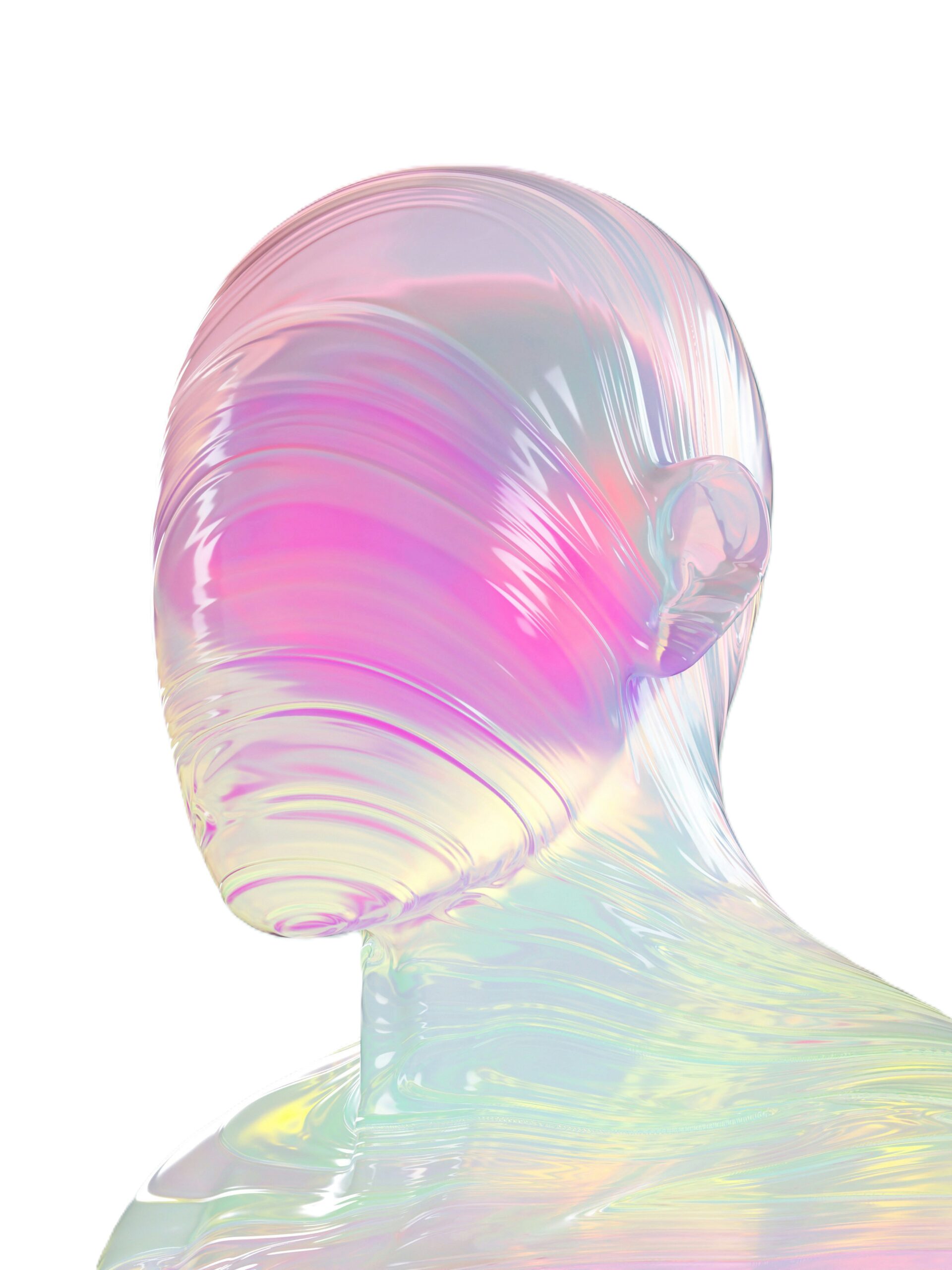 3D simulation of a human head and shoulders with a transparent and shiny texture in pink, purple, and yellow with luminous and wavy effects.