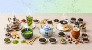 Modern blog cover image showing different tea traditions around the world, including Chinese green tea, Japanese matcha, British black tea, Moroccan mint tea, and Indian masala chai, symbolizing the history, types, benefits, and culture of tea.