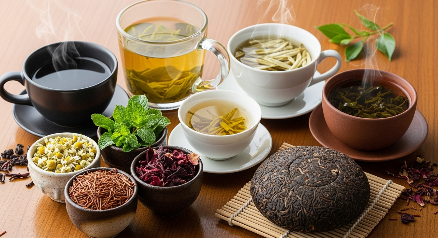 A realistic arrangement of various teas: black tea, green tea, white tea, oolong tea, pu-erh tea, and herbal teas (chamomile, peppermint, hibiscus, rooibos) displayed in cups and bowls on a wooden table, showcasing their colors, leaves, and textures with subtle steam rising from the hot beverages.
