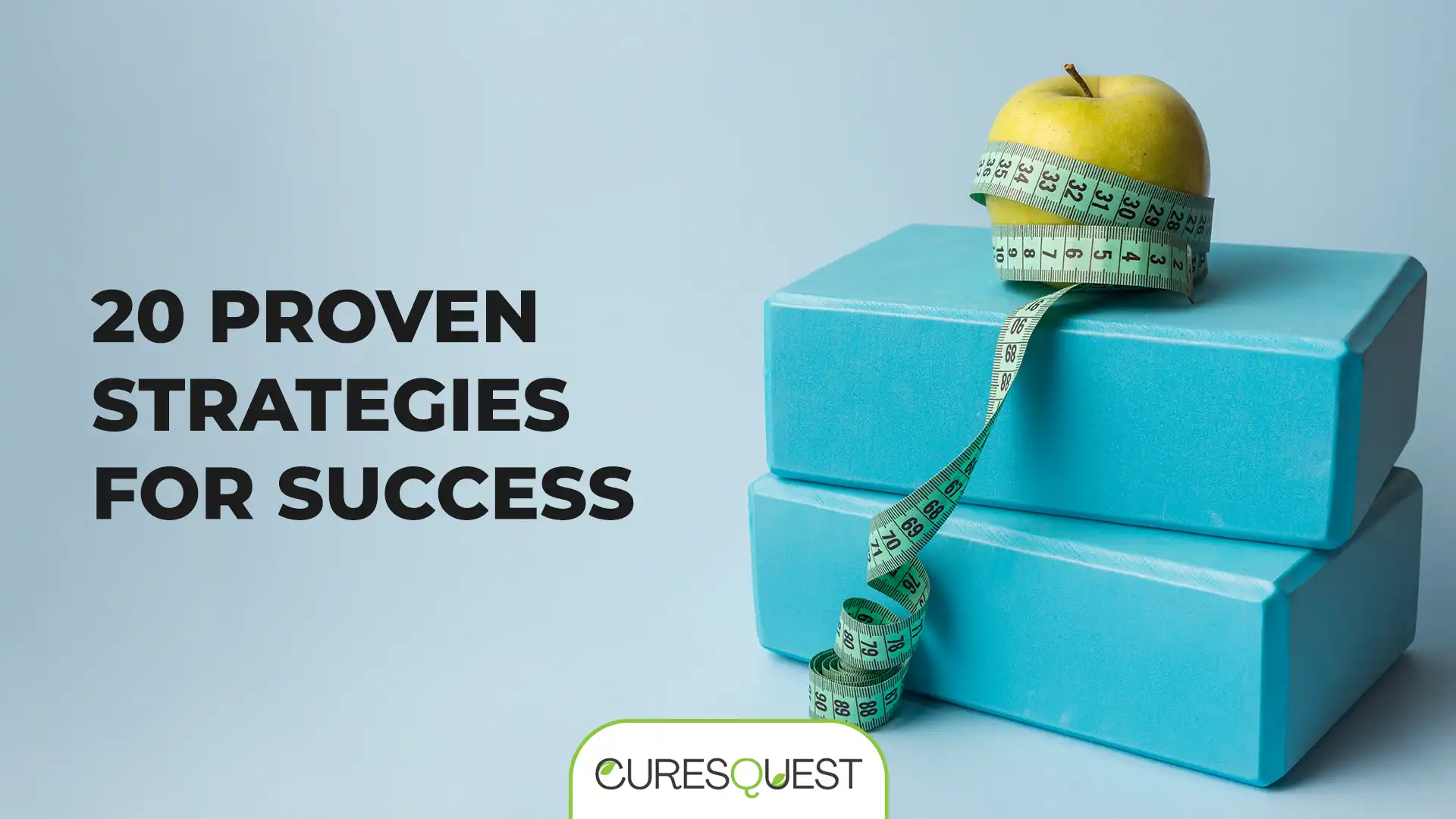 A green apple with a measuring tape sits atop two blue yoga blocks, illustrating weight loss tips for beginners.