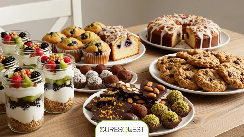 A beautiful array of healthy low sugar desserts, including fruit parfaits, chocolate mousse, and baked goods.
