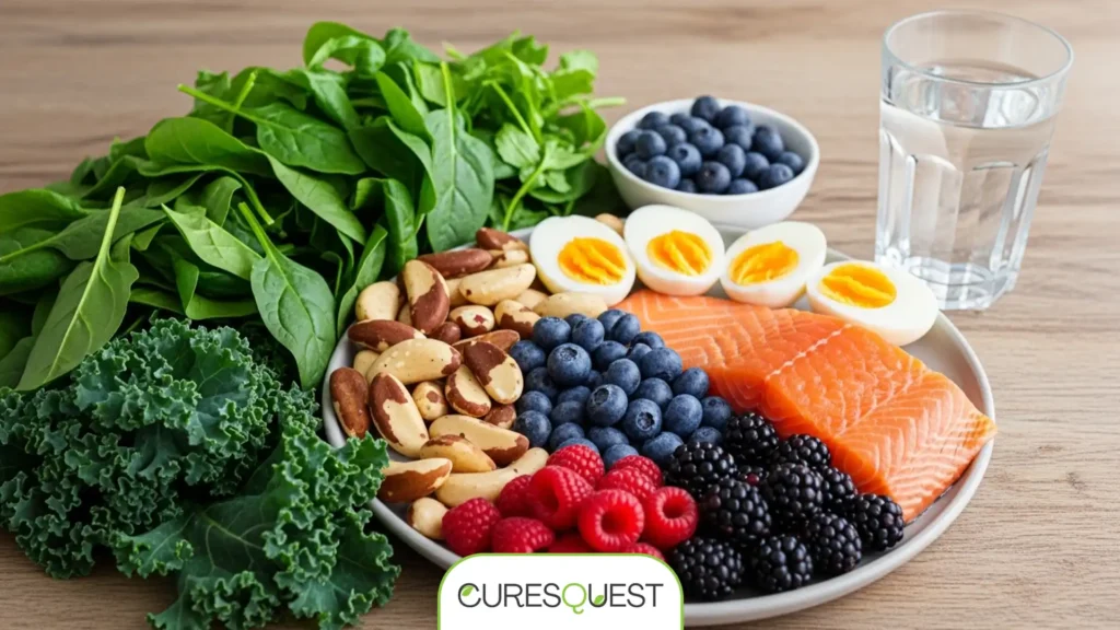 A colorful display of nutrient-rich, thyroid-friendly foods like salmon, Brazil nuts, and leafy greens.