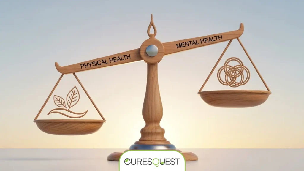 A perfectly balanced scale with sections for physical, mental, and social health, symbolizing equilibrium in the Health Triangle.
