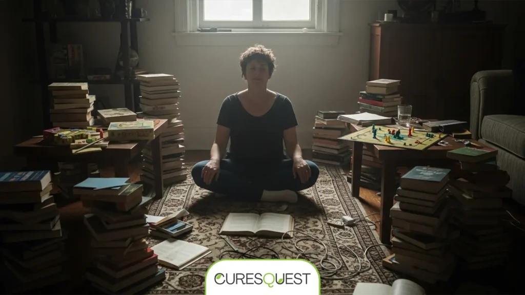 A person achieving mental clarity and calm in a physically cluttered environment, illustrating the concept of a mental detox.