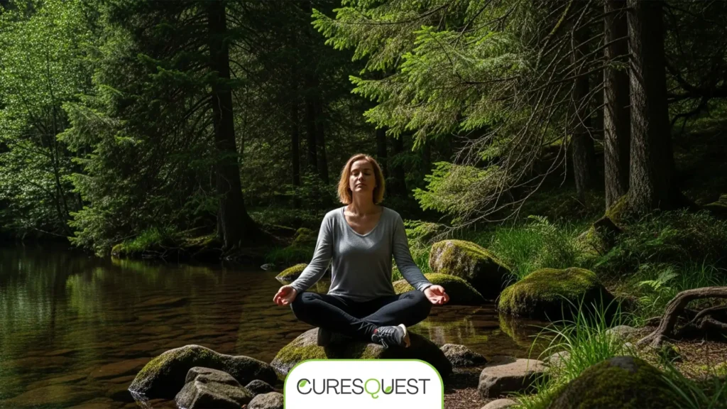 A person meditating calmly in a lush forest, highlighting the role of nature and mindfulness in mental well-being.