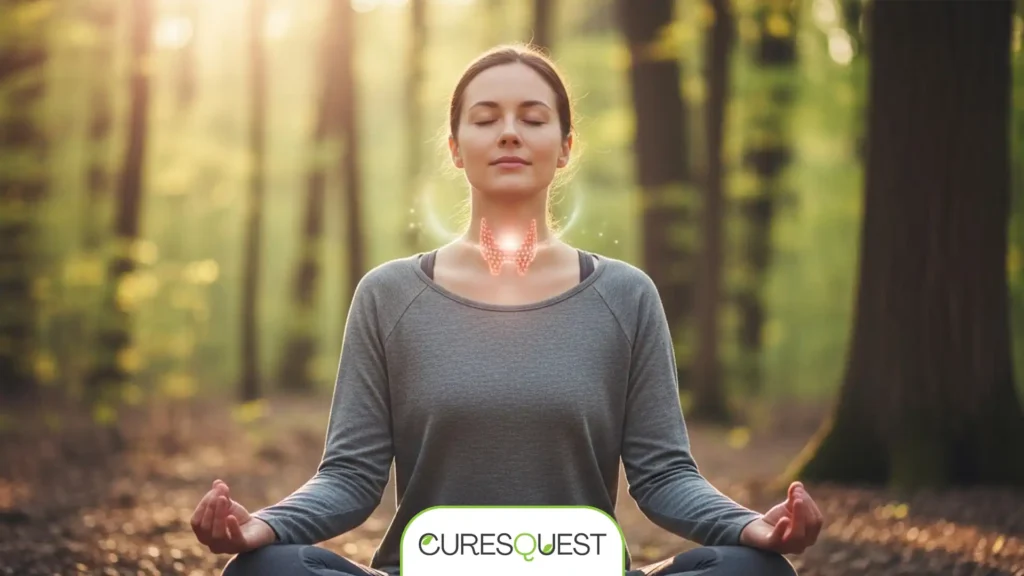A person meditating with a glowing thyroid, representing a natural way to treat thyroid through holistic health.