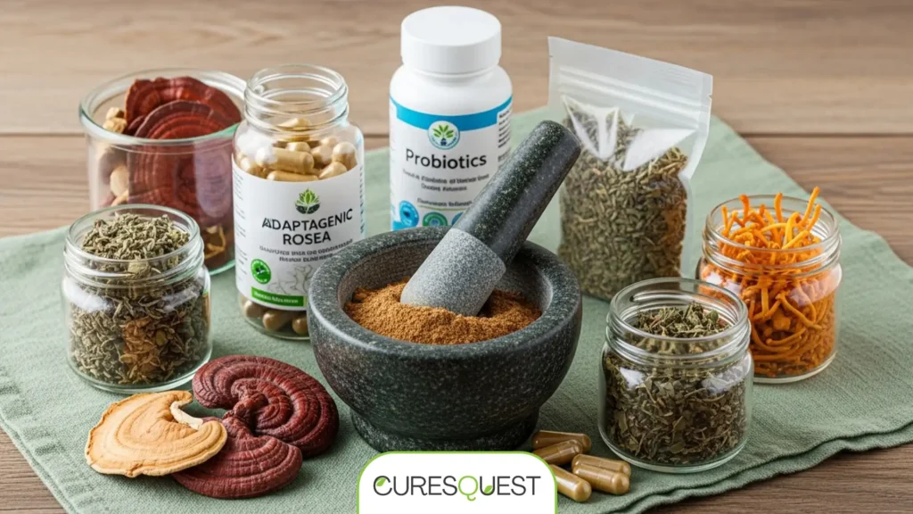 A selection of natural herbal remedies and supplements for thyroid support, including ashwagandha and probiotics.
