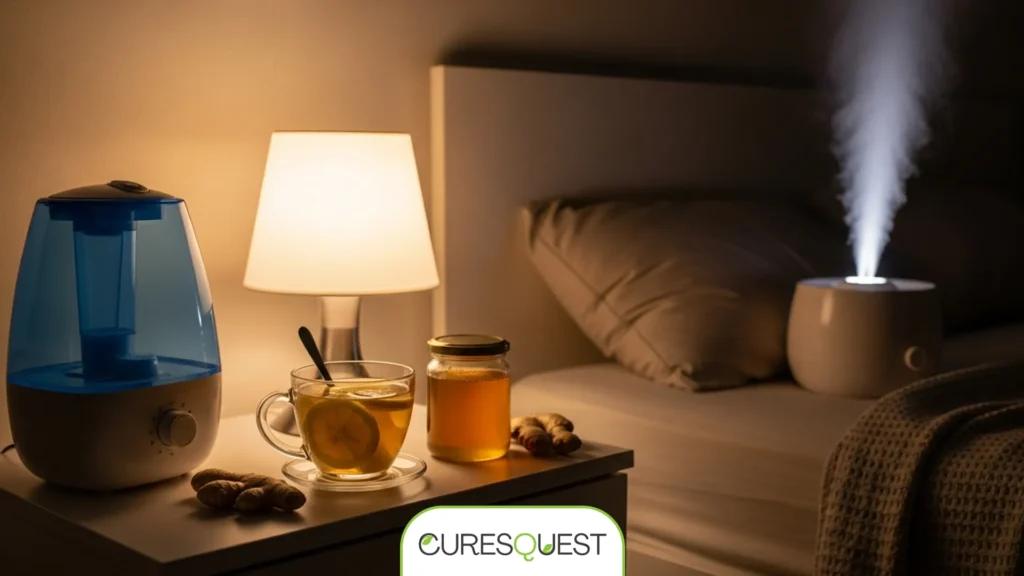 A soothing scene with herbal tea, honey, and a humidifier, representing effective sore throat in pregnancy home remedies.