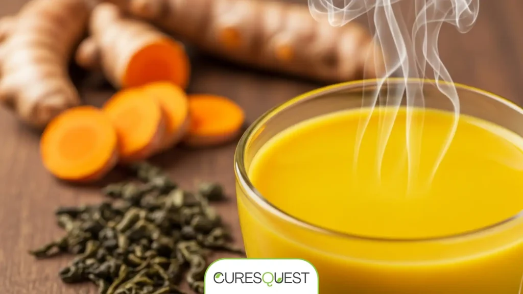 A steaming cup of golden turmeric green tea with fresh ingredients.
