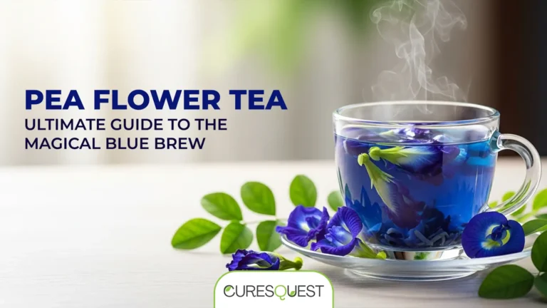 A transparent glass mug with a handle sits on a saucer, filled with a vibrant, steaming blue pea flower tea. Several blue pea flowers are floating in the tea, and a few fresh flowers are scattered on the saucer and the table. The image is bright and airy, with a soft, blurred background. The words "PEA FLOWER TEA ULTIMATE GUIDE TO THE MAGICAL BLUE BREW" are overlaid on the left side, along with the "CURESQUEST" logo at the bottom.