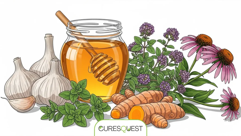 An assortment of powerful natural antibiotics for bacterial infection, including garlic, honey, oregano, turmeric, and echinacea.