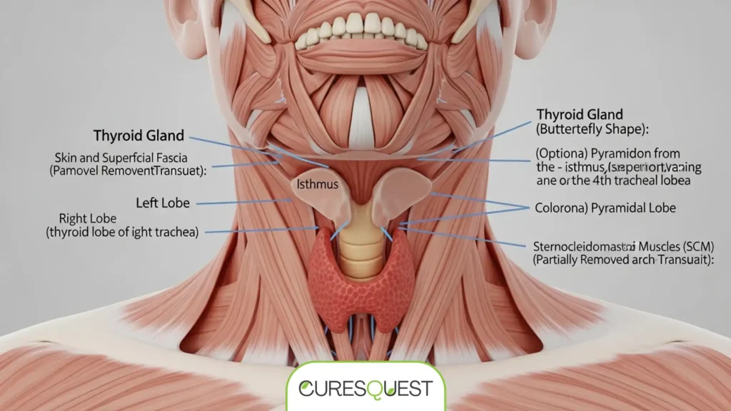 Anatomical illustration of the thyroid gland in the human neck, showing its structure and function.