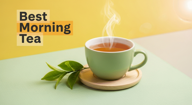 A light green teacup sits on a round wooden coaster. A small sprig of fresh green leaves rests next to the cup, from which steam rises. The background is split between a mint green surface and a yellow wall, and a text overlay reads "Best Morning Tea"