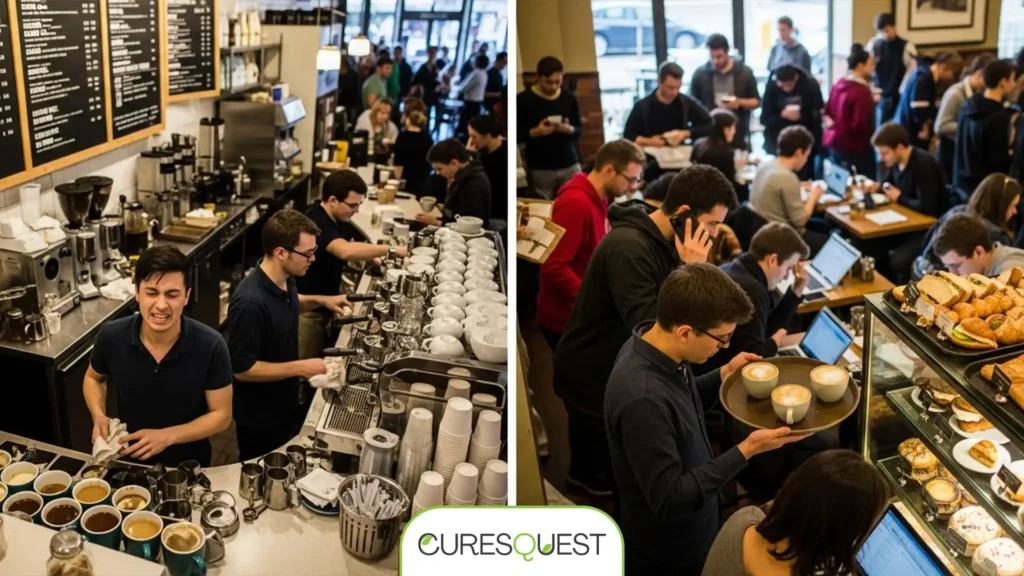Comparison of a busy coffee shop versus a peaceful turmeric green tea moment