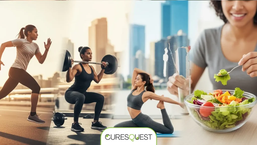 Composite image showing various aspects of physical health: exercise, healthy eating, and active living.