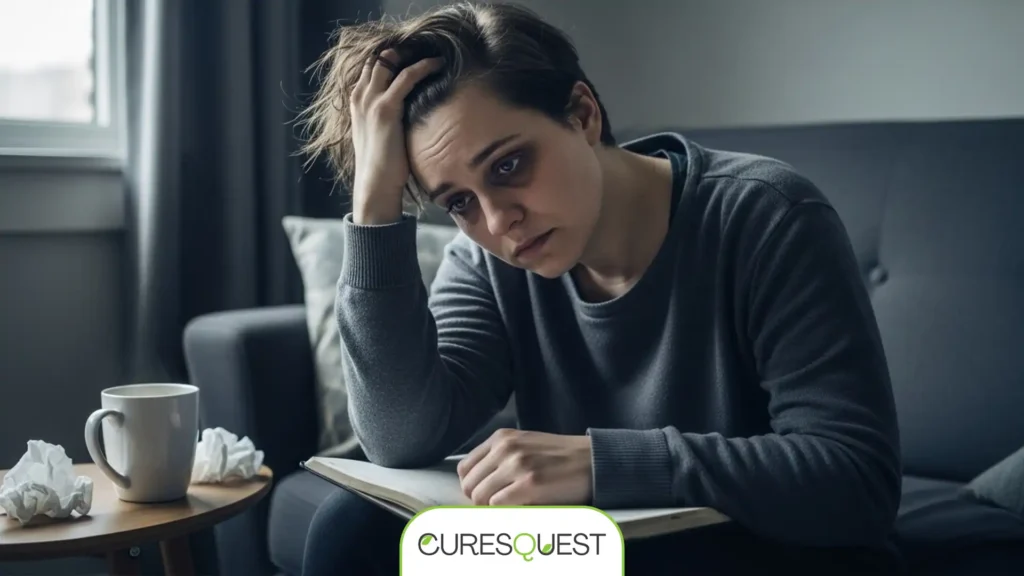 A tired and sad woman with disheveled hair and dark circles under her eyes sits on a couch, holding her head. An open notebook and crumpled papers nearby visually represent the fatigue and lack of motivation often associated with depression.