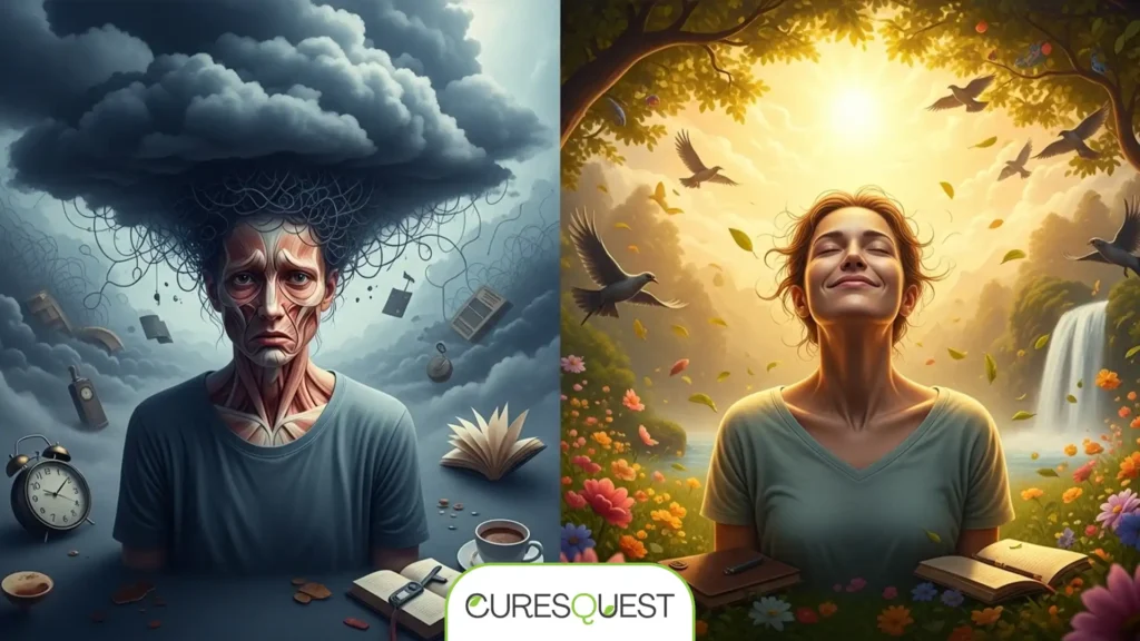A stylized, dual image representing mental health. On the left, a woman's head is a stormy cloud with chaotic floating objects, symbolizing anxiety and stress. On the right, a woman stands peacefully in a vibrant, sunny landscape with flowers and a waterfall, representing mental well-being and relief.