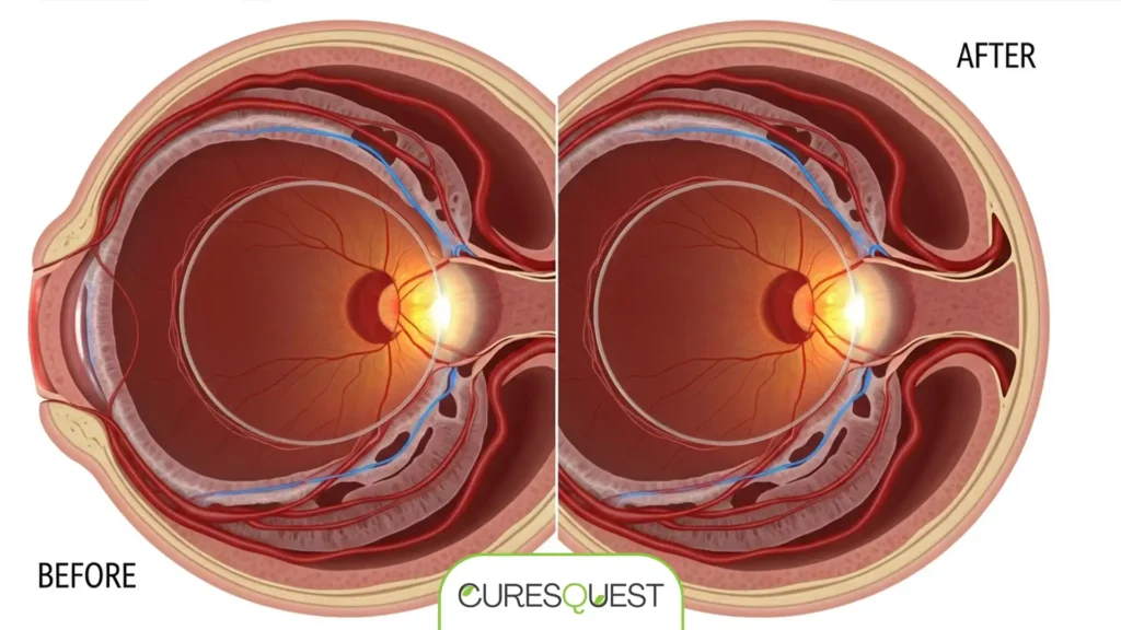Diagram showing improved blood flow and nutrient delivery to the eye after smoking cessation.