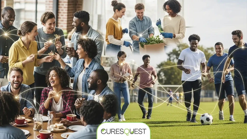 Diverse group of people connecting, symbolizing strong social health and community engagement.