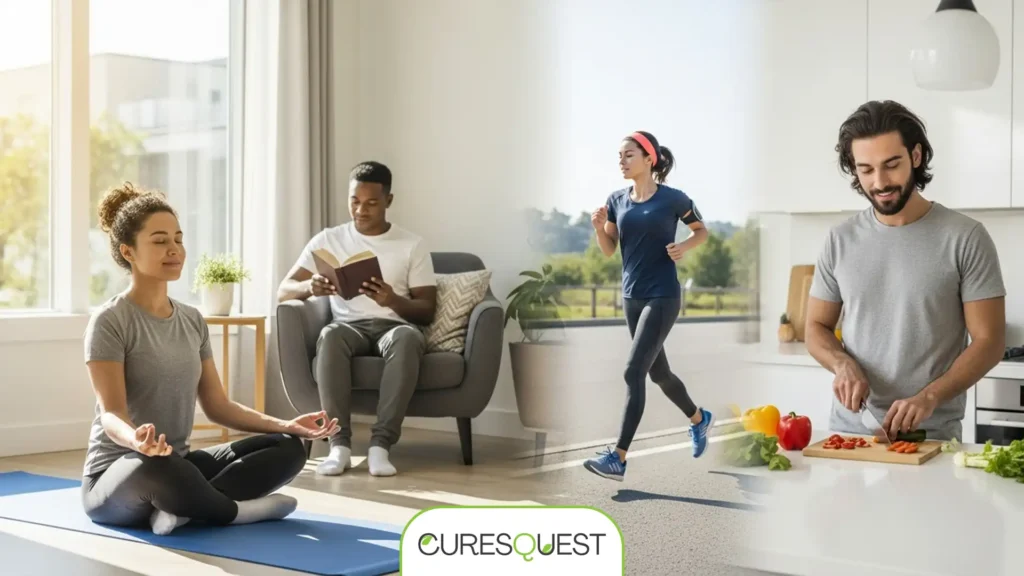 Diverse individuals practicing various self-care activities like meditation, exercise, and healthy eating