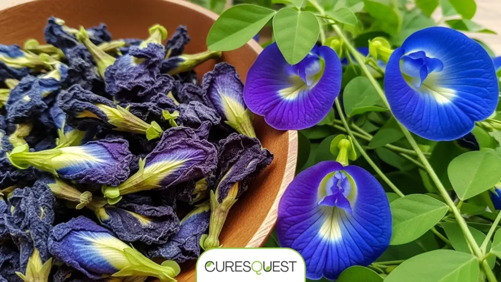 Dried butterfly pea flowers in a bowl next to a live butterfly pea plant.