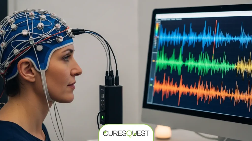 EEG sensors measuring brain activity during a neurofeedback session.