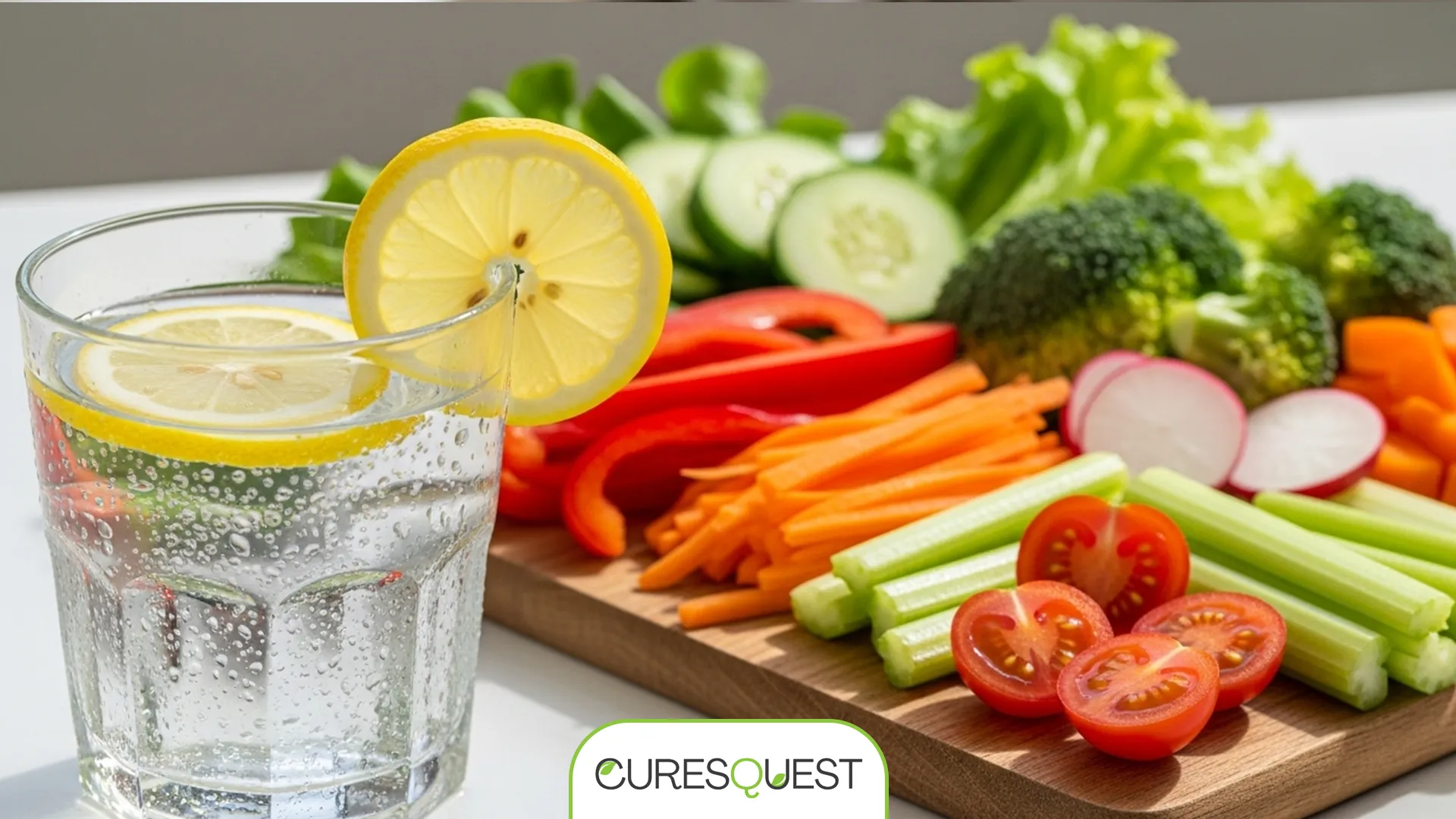 A refreshing glass of sparkling lemon water next to a wooden cutting board filled with an assortment of colorful, fresh-cut vegetables including red bell pepper, carrot, celery, cherry tomatoes, radish, broccoli, and cucumber, all excellent choices for Weight Loss Tips Without Exercise.