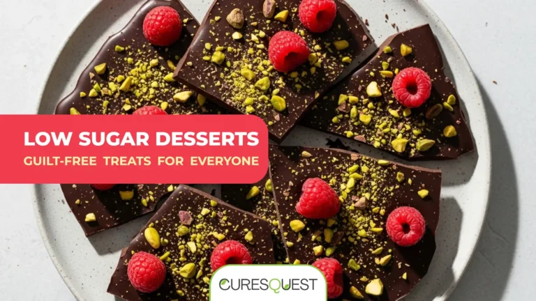 Gourmet low-sugar dark chocolate bark, artfully arranged with fresh raspberries and toasted pistachios, serving as an elegant and healthy sweet treat. Ideal for a guilt-free indulgence.