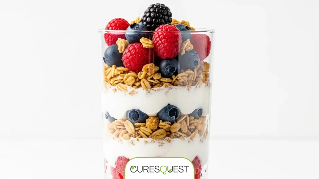 Delicious and healthy Greek yogurt parfait with berries and sugar-free granola.