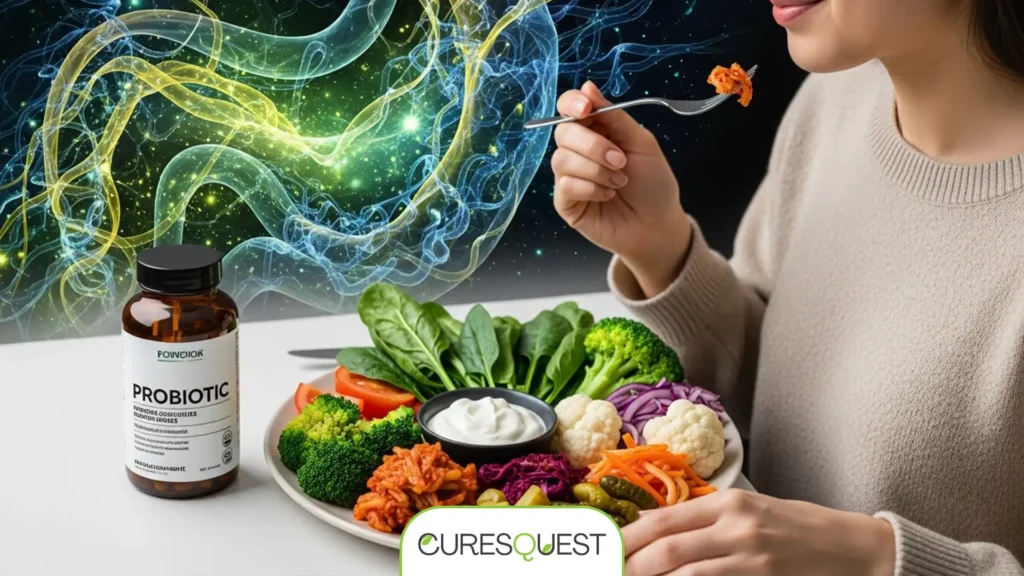 Holistic approach to gut health combining a balanced diet, fermented foods, and probiotic supplements.