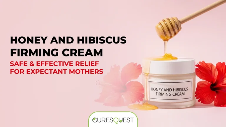 A honey dipper drips golden honey onto an open jar of "Honey and Hibiscus Firming Cream." The cream is surrounded by three vibrant red hibiscus flowers against a two-toned pastel background. The left half of the background is a creamy off-white, and the right half is a soft pink.