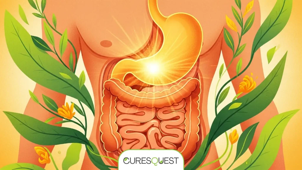 Illustration of a healthy digestive system glowing with golden light from turmeric green tea