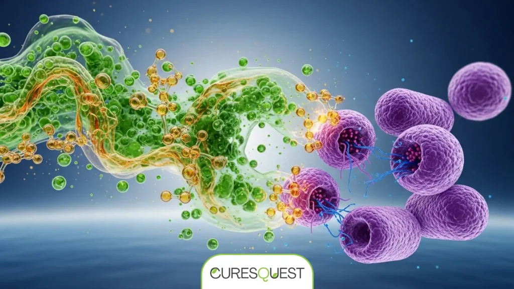Microscopic illustration depicting a powerful natural antibiotic, such as a compound derived from oregano, actively disrupting bacterial cells to combat bacterial infection and promote natural wellness.