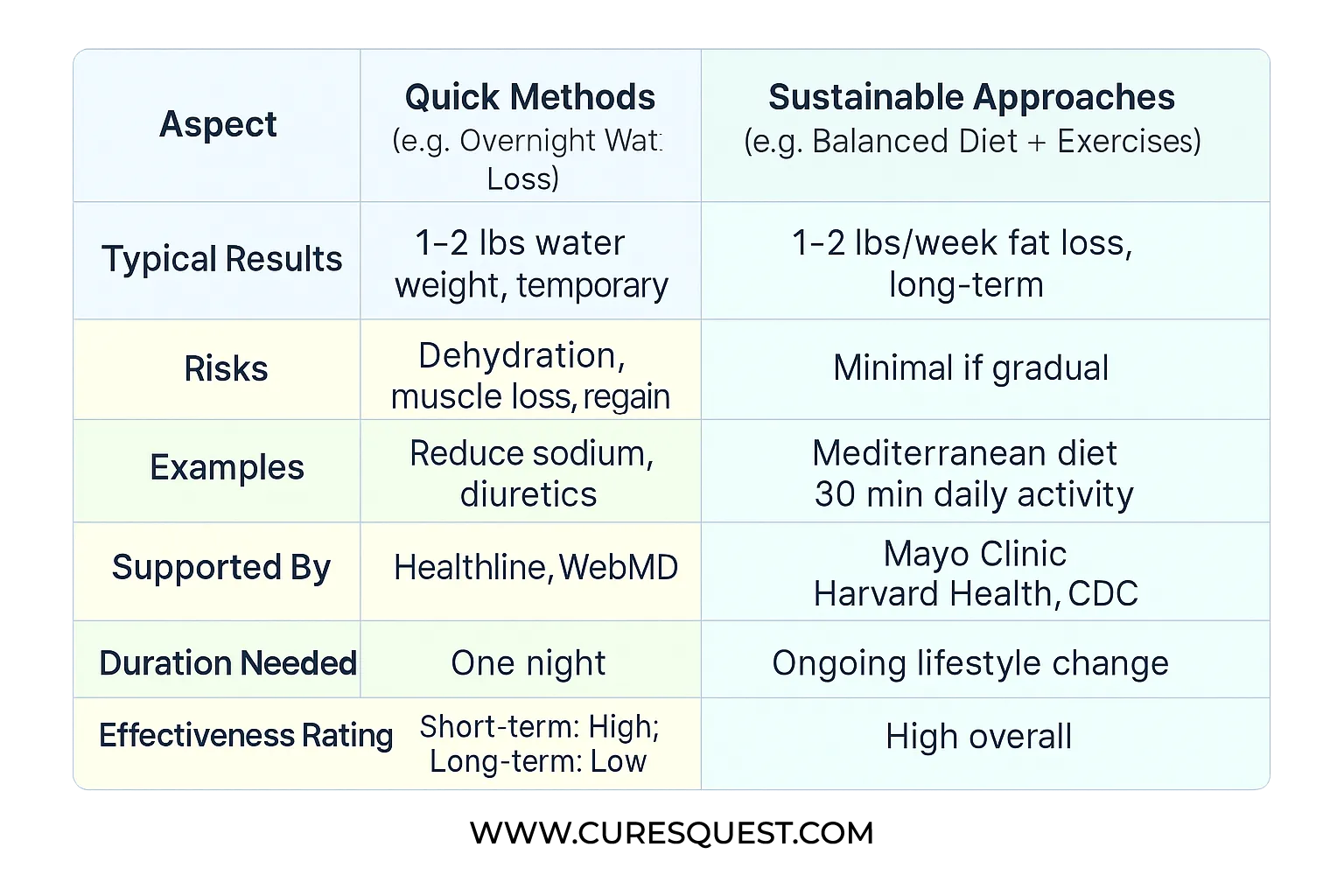 Table comparing how to lose weight overnight methods vs. sustainable strategies.