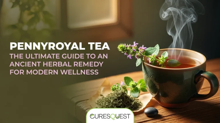 Steaming mug of pennyroyal tea with fresh pennyroyal leaves and dried herbs on a wooden table, accompanied by a window with natural light.