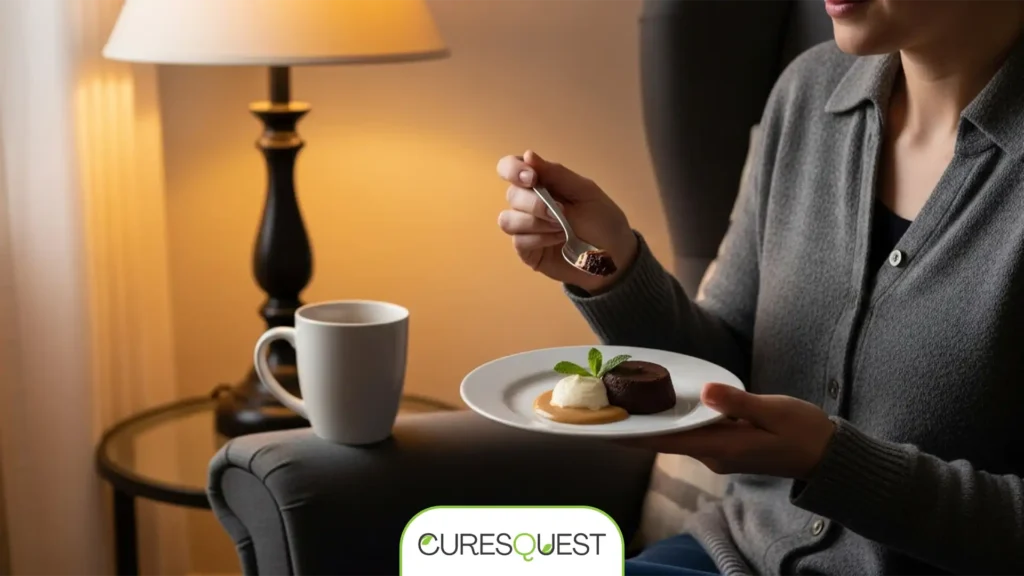 Person enjoying a small, satisfying portion of a low sugar dessert.