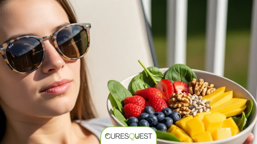 Person enjoying healthy food and wearing sunglasses for eye protection after quitting smoking.