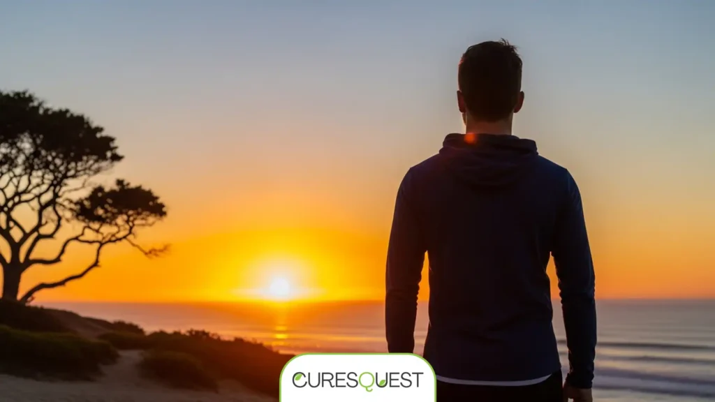 Person looking at a sunrise horizon, symbolizing hope and an empowered journey to natural thyroid health.
