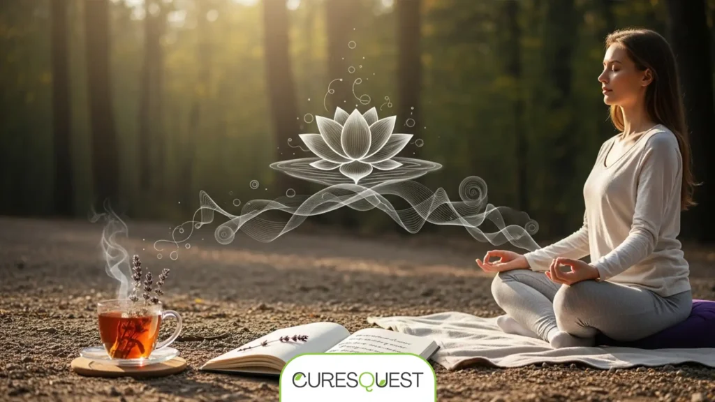 Person meditating, surrounded by elements of self-care and calm, representing strong mental health.