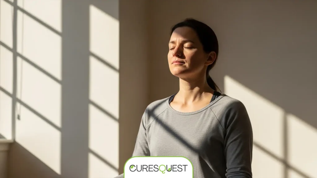 Person practicing mindfulness or deep breathing, representing effective coping strategies for depression and anxiety.