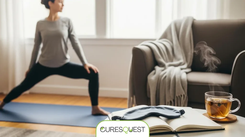 Person practicing yoga in a sunlit room, symbolizing stress management and lifestyle for thyroid health.