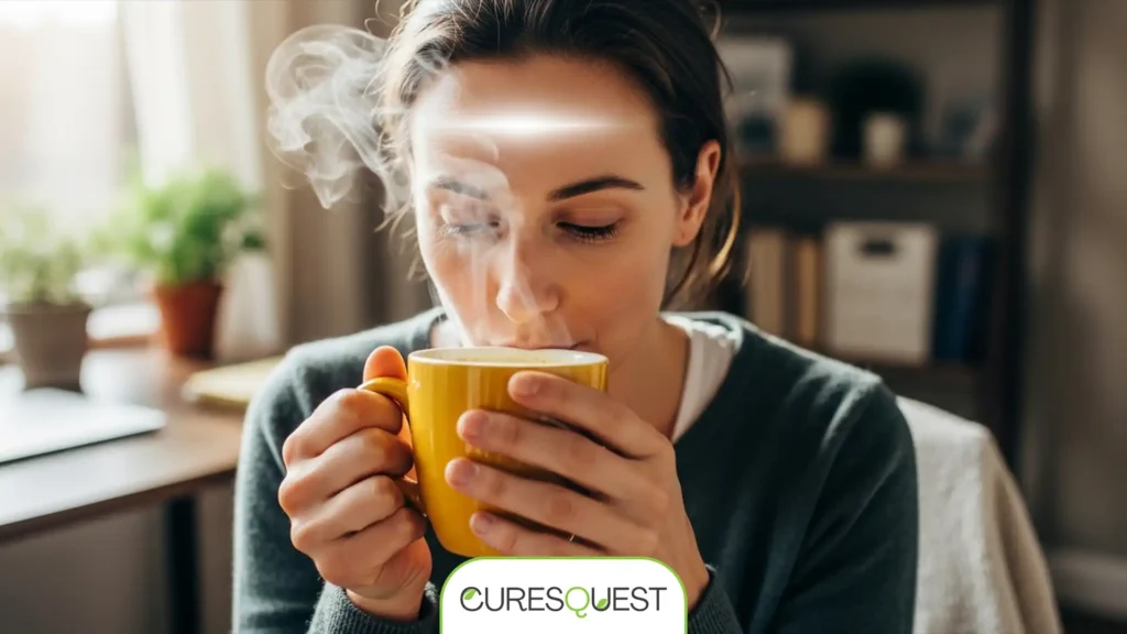 Person with clear complexion, holding turmeric green tea, symbolizing brain and skin health