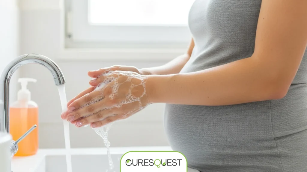 A pregnant woman washing hands, demonstrating a crucial step in preventing sore throats during pregnancy.